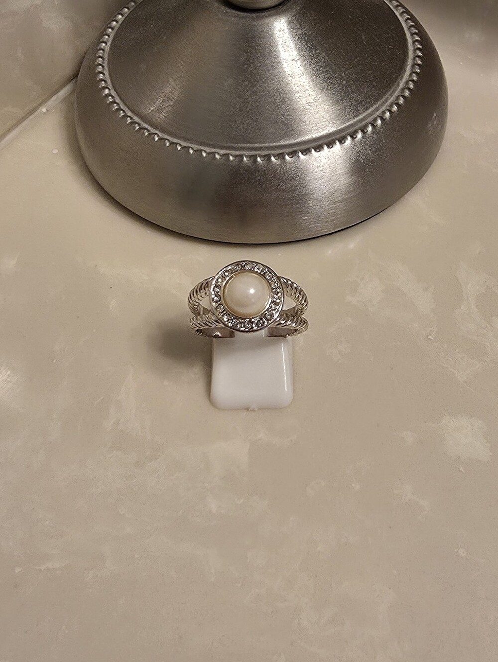 Silver CZ and Pearl Halo Ring Size 9